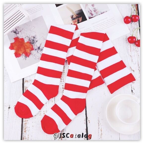 Candy Cane Striped Cotton Thigh-Highs Socks OSFM - Picture 11 of 13